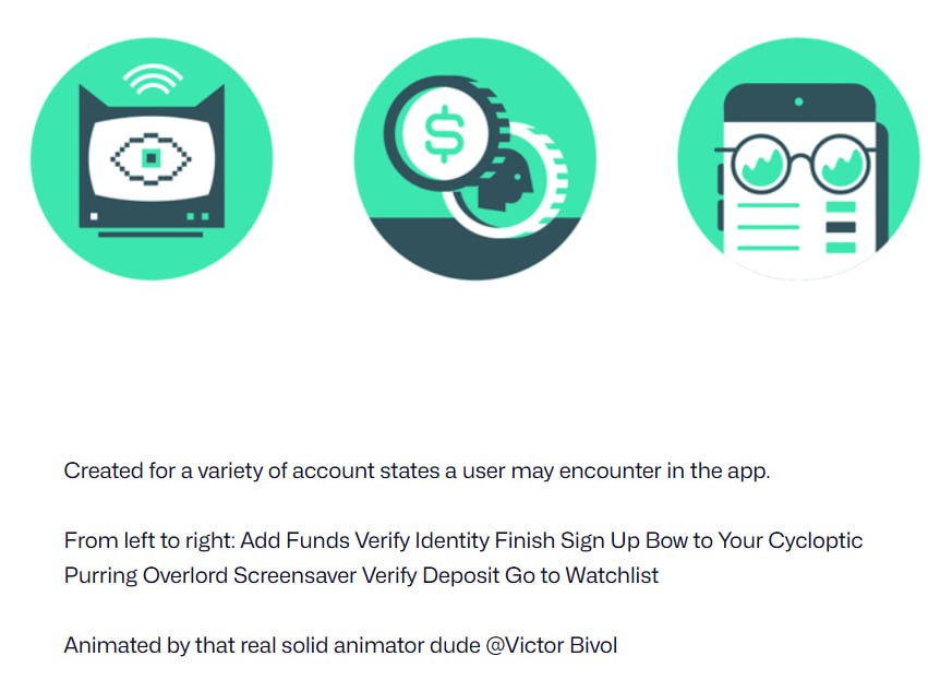 Screenshot of the Robinhood Account State icons on Dribbble, showing the cat-eared monitor icon alongside its caption naming it the Cycloptic Purring Overlord Screensaver
